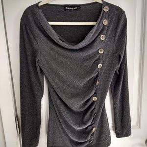 Allegra K Gray Cowl Neck Long Sleeve Button Ruched Top